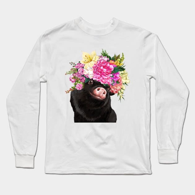 Flower Crown Baby Black Pig Long Sleeve T-Shirt by bignosework